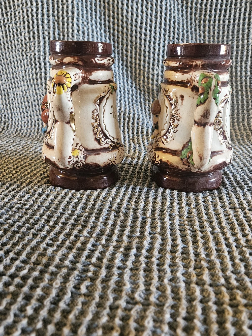Ceramic Decorative Beer Stein Pair - Brown and Cream